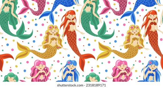 Seamless baby pattern with cute colored mermaids and dots. Yellow, orange, green, pink, blue. Magical creatures swim. Cartoon background. Ideal for fabrics, textiles, packaging