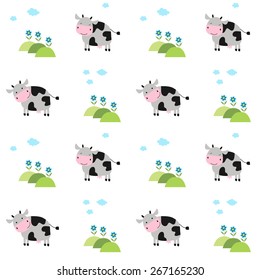 Seamless baby pattern. Cute cow on white background. Vector illustration.