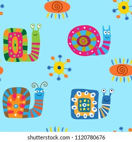 Seamless baby pattern with a cute decorative snails
