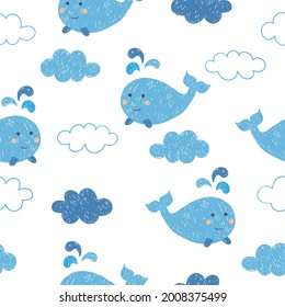 Seamless baby pattern with cute doodle whales and clouds.