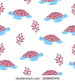 Seamless baby pattern with cute doodle turtles and seaweeds.