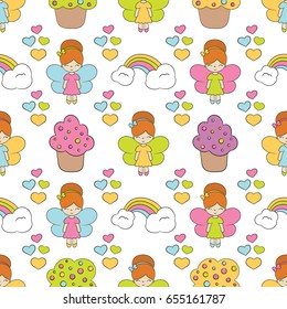 Seamless baby pattern with cute fairy, cupcake, rainbow and hearts. Best Choice for cards, invitations, printing, party packs, blog backgrounds, paper craft, party invitations, scrapbooking.