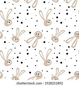 Seamless baby pattern with cute hares and dots. Ideal for baby fabrics, textiles, backgrounds, packaging, covers. Creative background vector