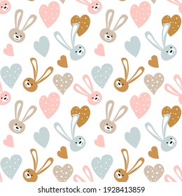 Seamless baby pattern with cute hares, hearts and rabbits. Ideal for baby fabrics, textiles, backgrounds, packaging, covers. Creative background vector