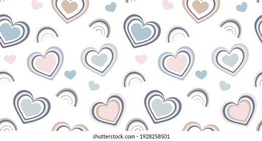 Seamless baby pattern with cute hearts and rainbows. Ideal for baby fabrics, textiles, backgrounds, packaging, covers. Creative background vector