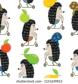 Seamless baby pattern with cute hedgehog on scooter with apples, pears and mushrooms. Creative children forest structure for fabric, wrap, fabric, Wallpaper, clothing