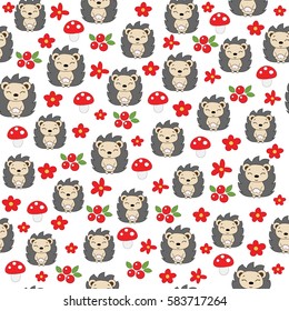 Seamless baby pattern with cute hedgehogs, mushrooms, berries and flowers. Best Choice for cards, invitations, printing, party packs, blog backgrounds, paper craft, party invitations.
