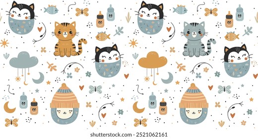 Padrão de bebê perfeito com gatinhos bonitos, animais. Muitos elementos desenhados por bebês. Estilo escandinavo. Criativa mão desenhada textura infantil para tecido, embalagem, têxteis, papel de parede, roupas