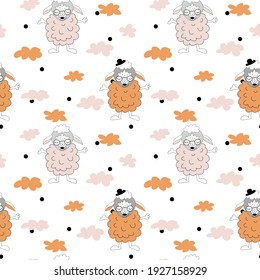 Seamless baby pattern with cute lamb and clouds. Ideal for baby fabrics, textiles, backgrounds, covers. Creative background vector