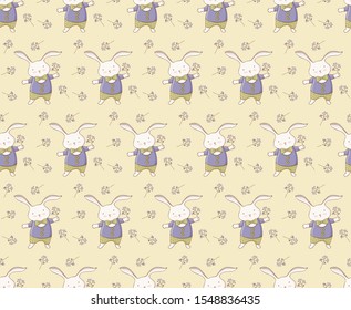 Seamless baby pattern with cute little rabbit in vector. Сartoon little happy bunny boy. Vintage hand drawn. Kawaii funny animal. Children's holiday background. Illustration in pastel delicate colors.