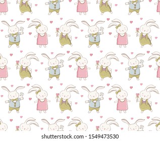 Seamless baby pattern with cute little rabbit in vector. Сartoon little happy bunny. Vintage hand drawn. Kawaii funny animal. Children's holiday background. Illustration in pastel delicate colors. 