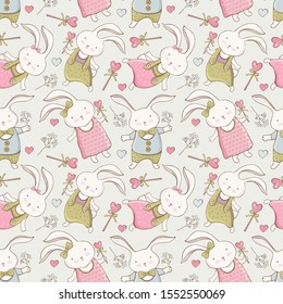 Seamless baby pattern with cute little rabbit in vector. Сartoon little happy bunny. Vintage hand drawn. Kawaii funny animal. Children's holiday background. Illustration in pastel delicate colors. 