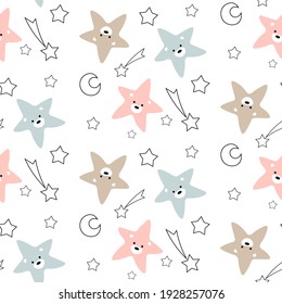 
Seamless baby pattern with cute little faces, stars, dots. Ideal for baby fabrics, textiles, backgrounds, packaging, covers. Creative background vector