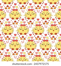 Seamless baby pattern with cute little chickens. Funny yellow chicks in different poses. Vector illustration.