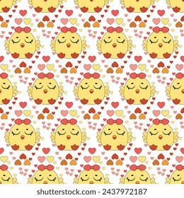 Seamless baby pattern with cute little chickens. Funny yellow chicks in different poses. Vector illustration.