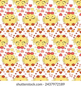 Seamless baby pattern with cute little chickens. Funny yellow chicks in different poses. Vector illustration.