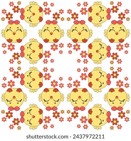 Seamless baby pattern with cute little chickens. Funny yellow chicks in different poses. Vector illustration.