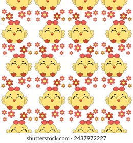 Patrón de bebé sin costuras con lindos pollitos. Chicas amarillas divertidas en diferentes poses. Ilustración vectorial.