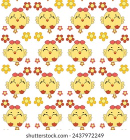 Seamless baby pattern with cute little chickens. Funny yellow chicks in different poses. Vector illustration.