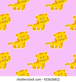 Seamless baby pattern with a cute little tiger on a light pink background