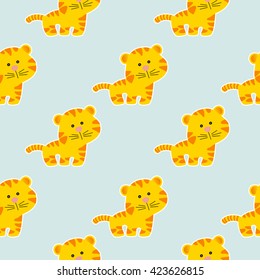 Seamless baby pattern with a cute little tiger on a light blue background