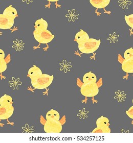 Seamless baby pattern with cute little chickens. Funny yellow chicks in different poses. Vector illustration.