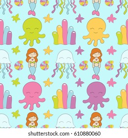 Seamless baby pattern with cute mermaid, jellyfish, octopus,corral, starfish. Best Choice for cards, invitations, printing, party packs, blog backgrounds, paper craft, party invitations, scrapbooking.