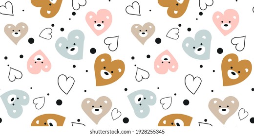 
Seamless baby pattern with cute muzzles and hearts. Ideal for baby fabrics, textiles, backgrounds, packaging, covers. Creative background vector