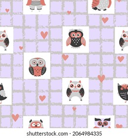 Seamless baby pattern with cute owls. Cartoon birds vector illustration for kids