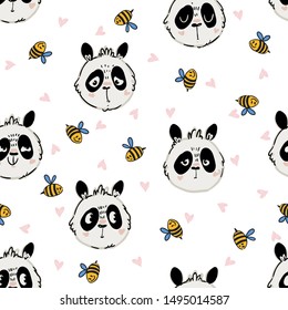 Seamless baby pattern with cute panda face and bee. Vector kids background in doodle style