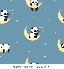 Seamless baby pattern with cute panda bear on the moon. Childish print, vector illustration