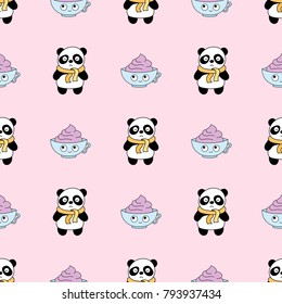 Seamless baby pattern with cute pandas. and sweet cups Best Choice for cards, invitations, printing, party packs, blog backgrounds, paper craft, party invitations, digital scrapbooking.