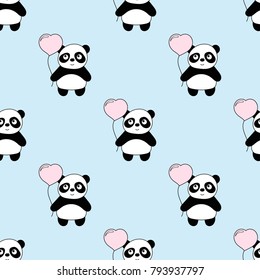 Seamless baby pattern with cute pandas and heart balloons. Best Choice for cards, invitations, printing, party packs, blog backgrounds, paper craft, party invitations, digital scrapbooking.
