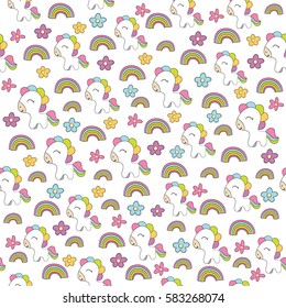 Seamless baby pattern with cute pony, rainbow and flowers. Best Choice for cards, invitations, printing, party packs, blog backgrounds, paper craft, party invitations, digital scrapbooking.