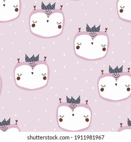 
Seamless baby pattern with cute princess owls with crown. Pink baby background. Ideal for fabrics, textiles, apparel, wallpaper.