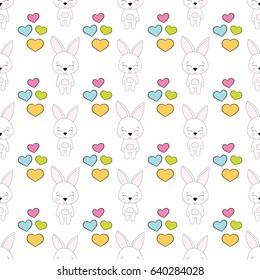 Seamless baby pattern with cute rabbit and hearts. Best Choice for cards, invitations, printing, party packs, blog backgrounds, paper craft, party invitations, scrapbooking.