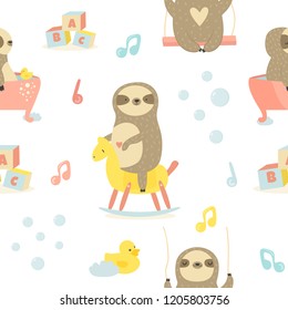 Seamless baby pattern with cute sloths. rocking-horse and toys