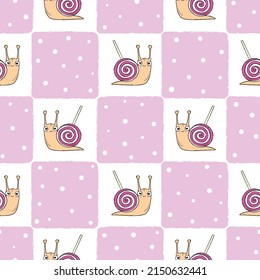 Seamless baby pattern with cute snail. Checked vector background