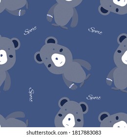 Seamless baby pattern with cute teddy bear with fitness bracelet on the wrist. Blue background. Flat baby texture for fabric, packaging, textile, wallpaper, clothing. Vector illustration

