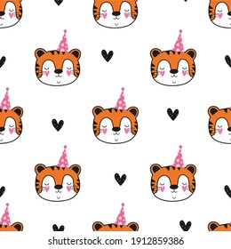 Seamless baby pattern, Cute tiger cub and black hearts around, perfect for applying on paper or fabric, for interior decoration