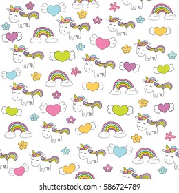 Seamless baby pattern with cute unicorn, rainbow, hearts and flowers. Best Choice for cards, invitations, printing, party packs, blog backgrounds, paper craft, party invitations, digital scrapbooking.