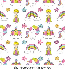 Seamless baby pattern with cute unicorn, princess, castle, rainbow, flower. Best Choice for cards, invitations, printing, party packs, blog backgrounds, paper craft, party invitations, scrapbooking.