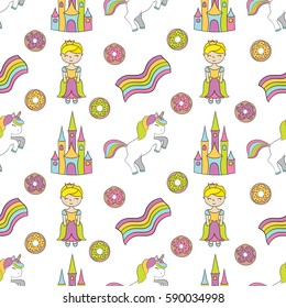 Seamless baby pattern with cute unicorn, princess, castle, rainbow, donut. Best Choice for cards, invitations, printing, party packs, blog backgrounds, paper craft, party invitations, scrapbooking.