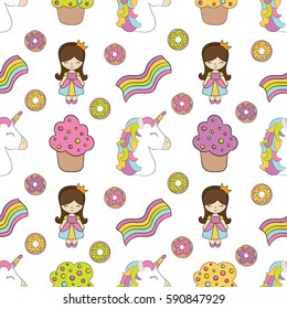 Seamless baby pattern with cute unicorn, princess, cupcake, rainbow, donut. Best Choice for cards, invitations, printing, party packs, blog backgrounds, paper craft, party invitations, scrapbooking.