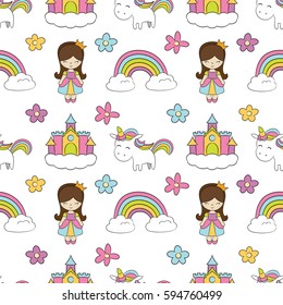 Seamless baby pattern with cute unicorn, princess, castle, rainbow, flower. Best Choice for cards, invitations, printing, party packs, blog backgrounds, paper craft, party invitations, scrapbooking.