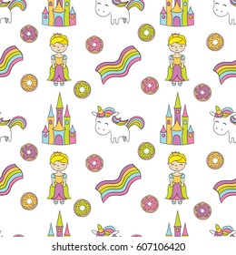 Seamless baby pattern with cute unicorn, princess, castle, rainbow, donut. Best Choice for cards, invitations, printing, party packs, blog backgrounds, paper craft, party invitations, scrapbooking.