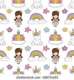 Seamless baby pattern with cute unicorn, princess, castle, rainbow, flower. Best Choice for cards, invitations, printing, party packs, blog backgrounds, paper craft, party invitations, scrapbooking.