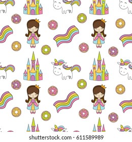 Seamless baby pattern with cute unicorn, princess, castle, rainbow, donut. 