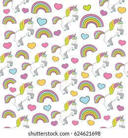 Seamless baby pattern with cute unicorn, rainbow, heart. Best Choice for cards, invitations, printing, party packs, blog backgrounds, paper craft, party invitations, scrapbooking.