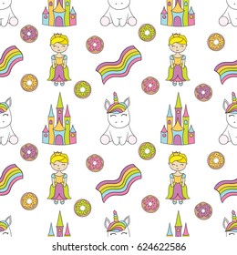 Seamless baby pattern with cute unicorn, princess, castle, rainbow, donut. Best Choice for cards, invitations, printing, party packs, blog backgrounds, paper craft, party invitations, scrapbooking.